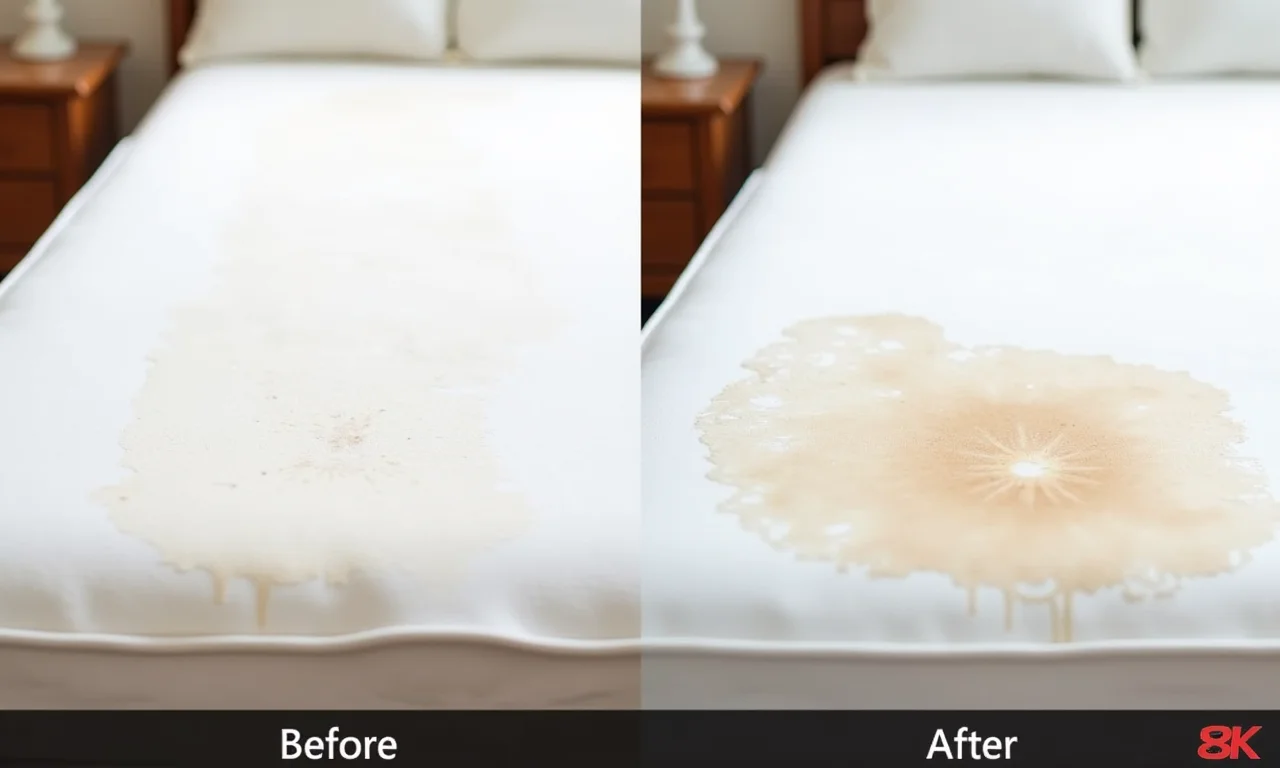 Comparativo de um colchão com mancha antiga antes e depois da limpeza a seco.