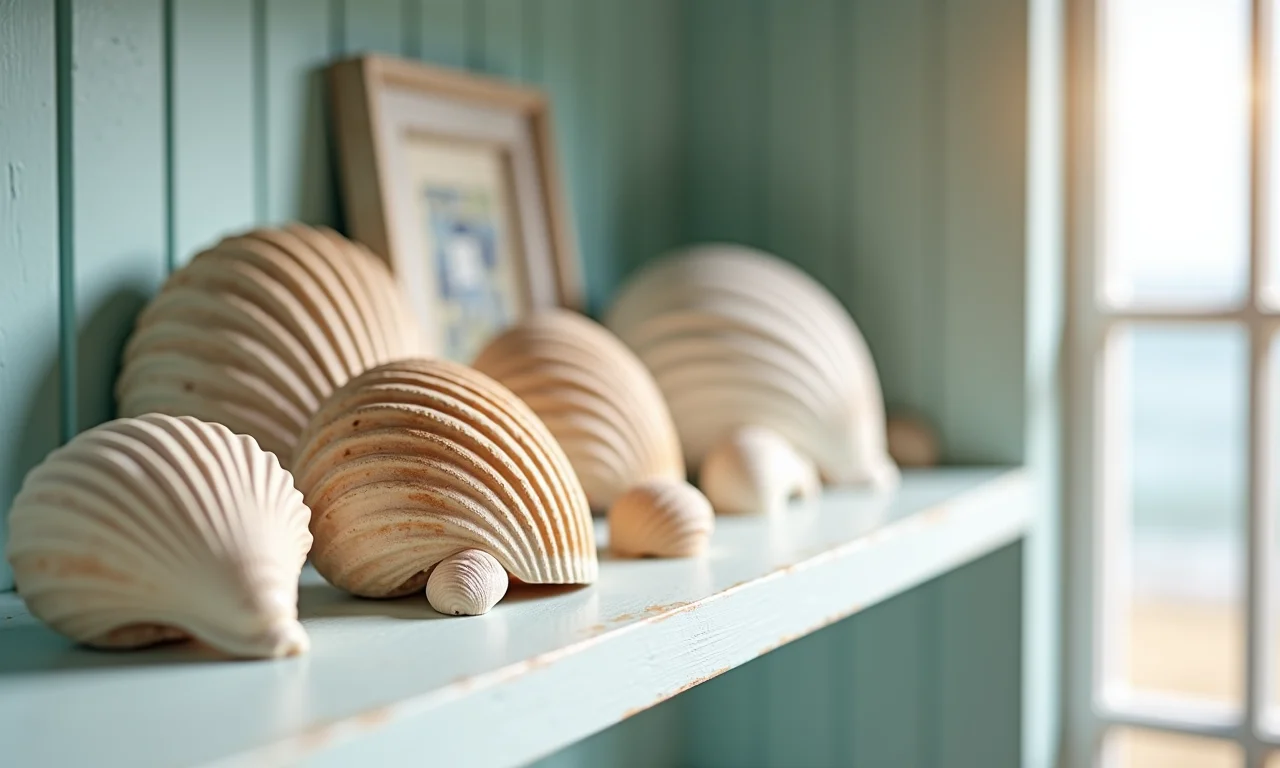 Conchas do mar expostas em uma prateleira em uma casa de praia
