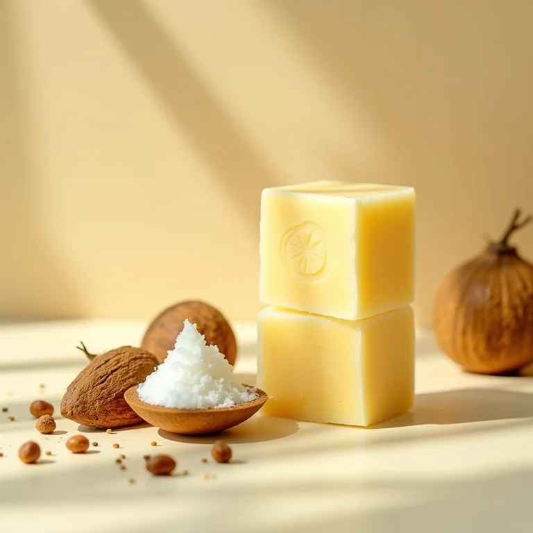 Condicionador sólido em barra cortado ao meio com ingredientes naturais ao redor.