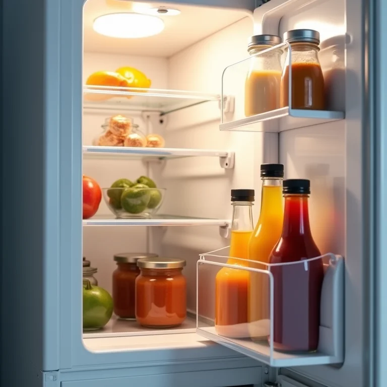 Condimentos e molhos organizados na porta da geladeira.