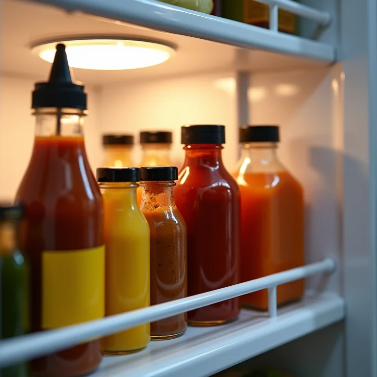 Condimentos e molhos organizados na porta da geladeira.