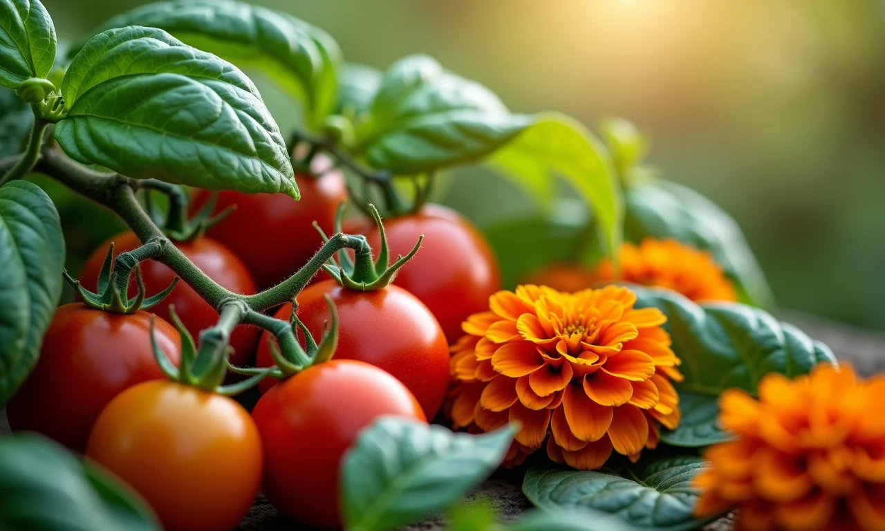 Consórcio de plantio: tomate, manjericão e tagetes.