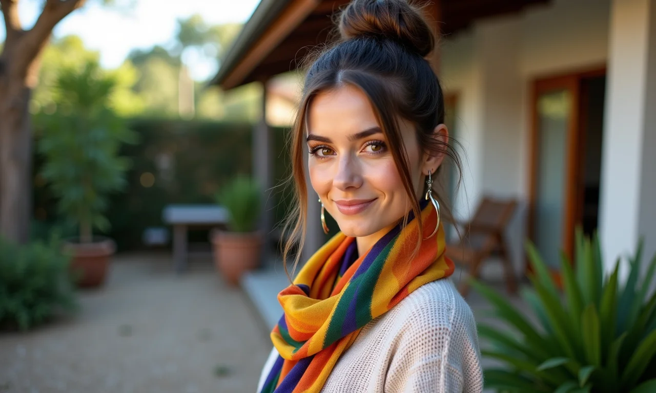 Coque alto com lenço colorido em cabelo liso, em um charmoso quintal brasileiro.