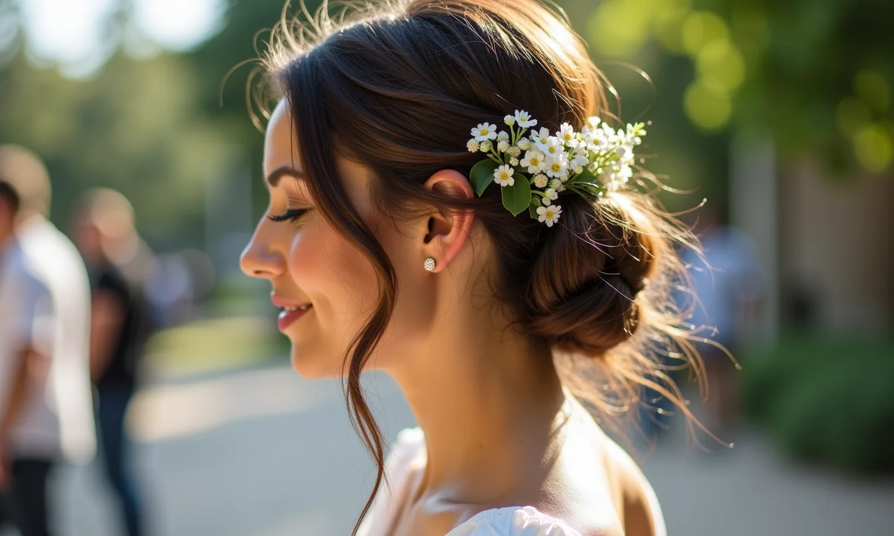 Coque despojado com acessórios florais para casamento durante o dia.
