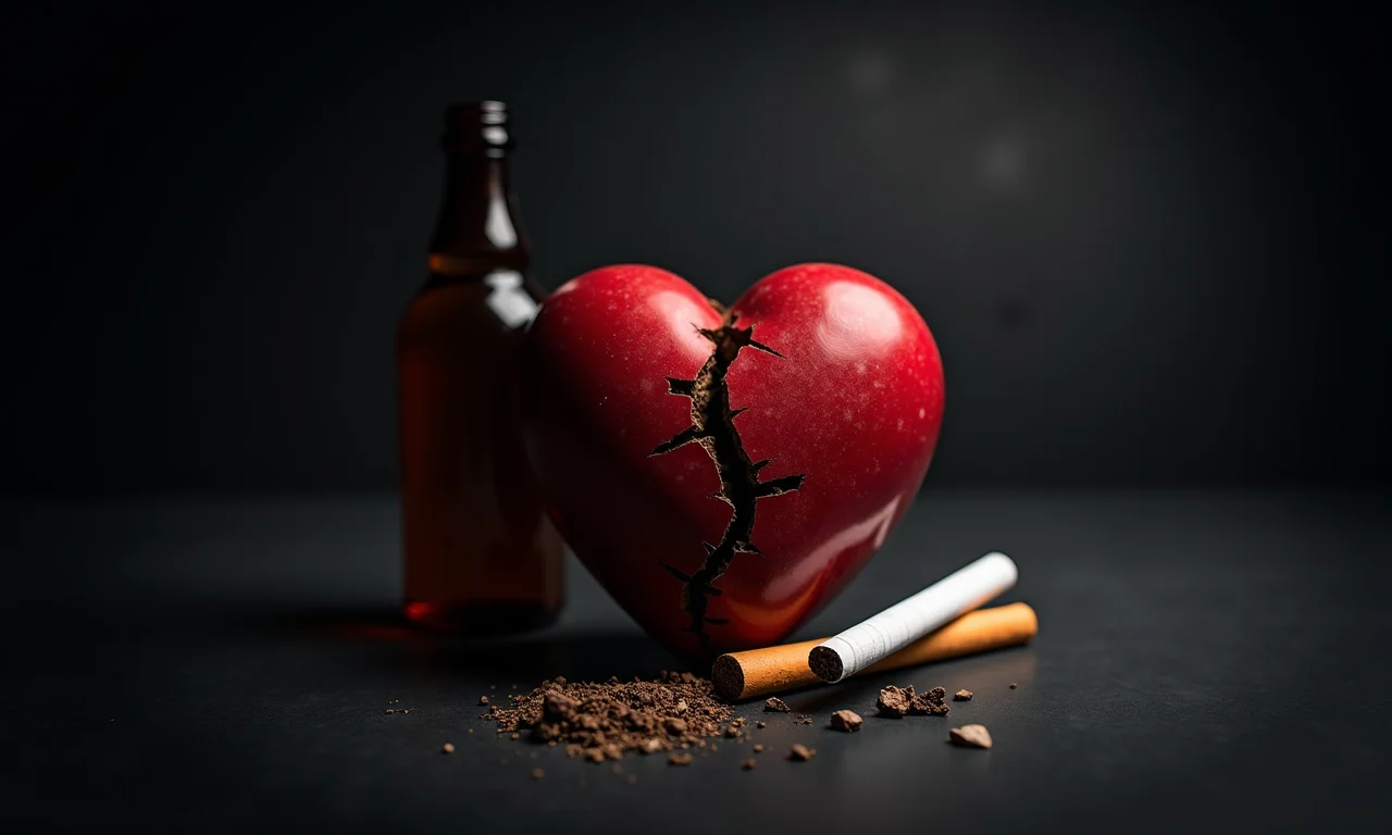 Coração rachado com um cigarro e uma garrafa de álcool próximos, representando os efeitos negativos do tabagismo e do álcool.