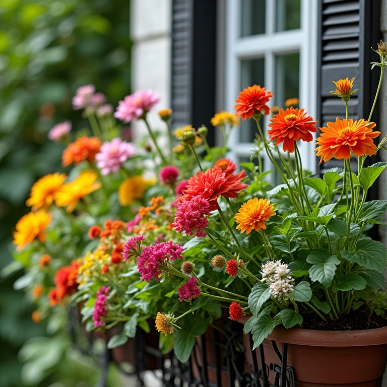 Cores e texturas vibrantes em um jardim de varanda diversificado.