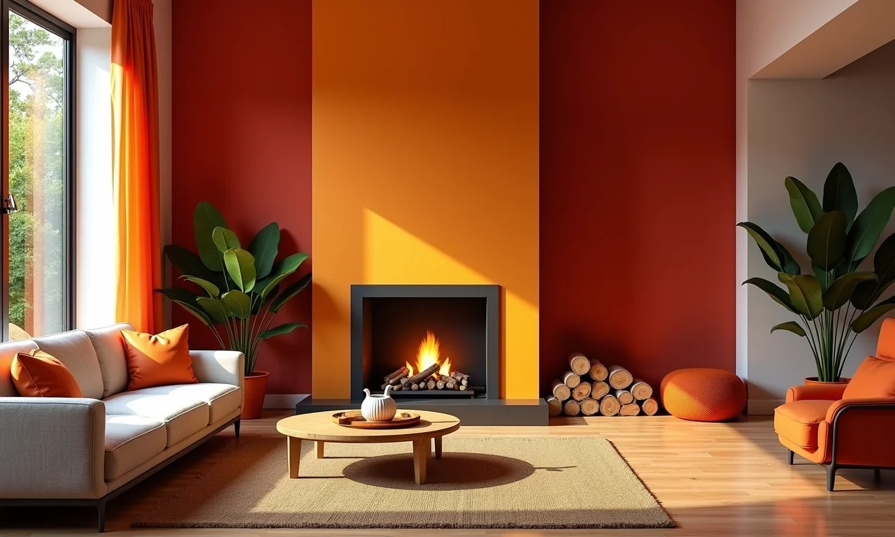 Cores quentes na decoração da sala com lareira.