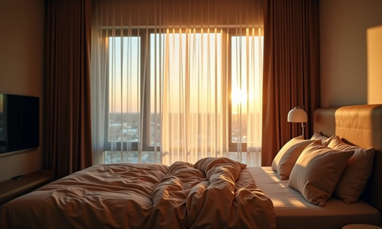 Cortina blackout em quarto aconchegante com pouca luz.