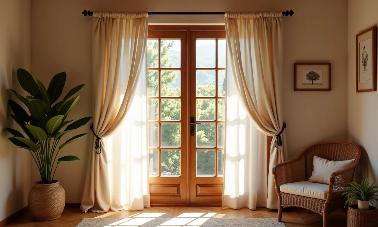 Cortina de linho rústico com amarração em quarto aconchegante.