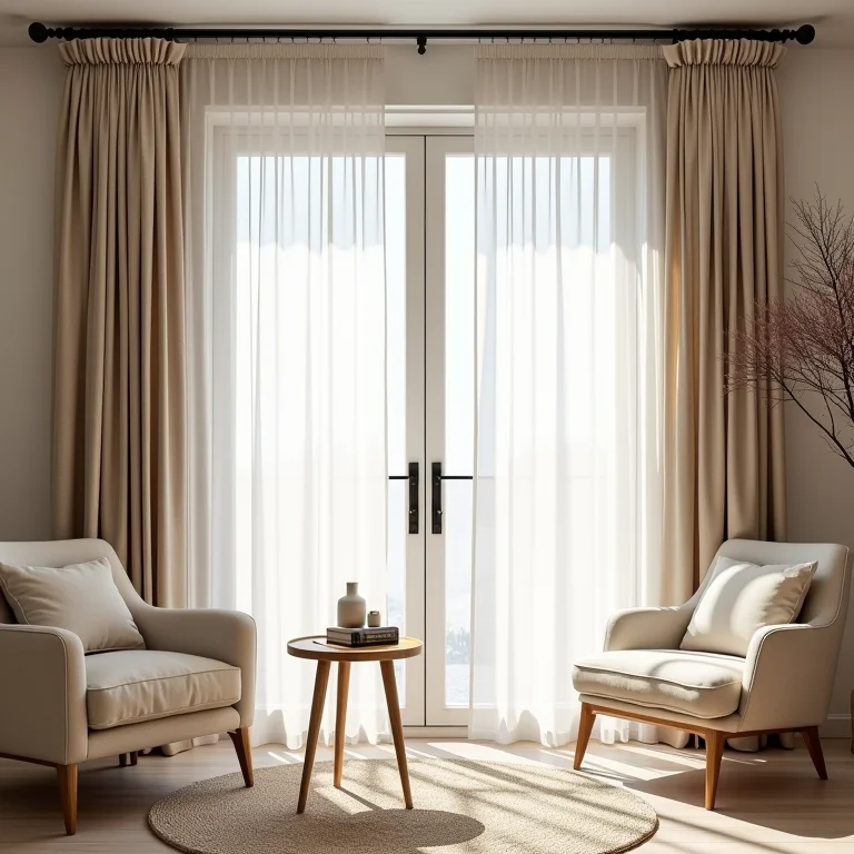 Cortina de macramê elegante em sala de estar com decoração clean.