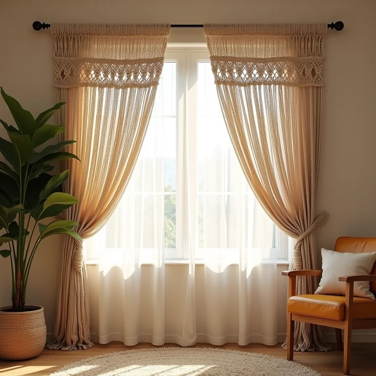 Cortina de macramê em sala de estar com decoração boho