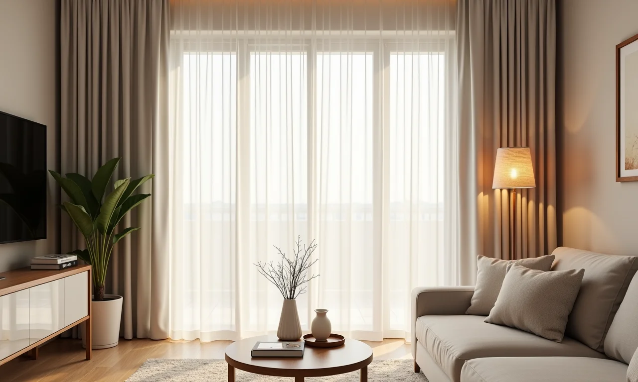 Cortina de voil bordada em sala de estar sofisticada.