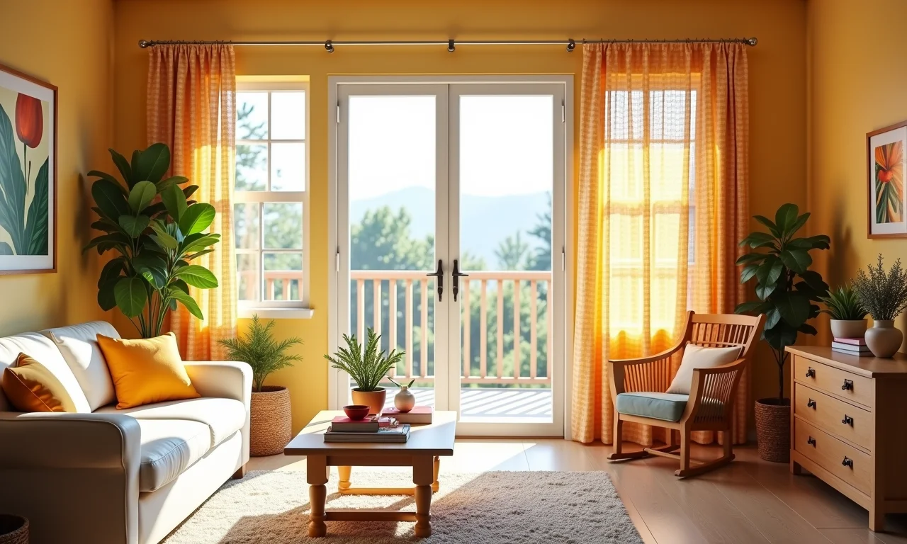 Cortina estampada alegrando sala de estar.