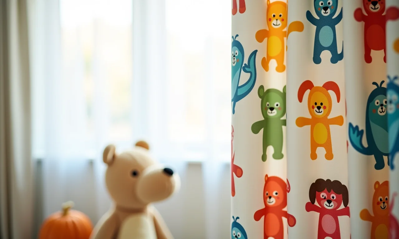 Cortina infantil com personagens divertidos em quarto de criança.