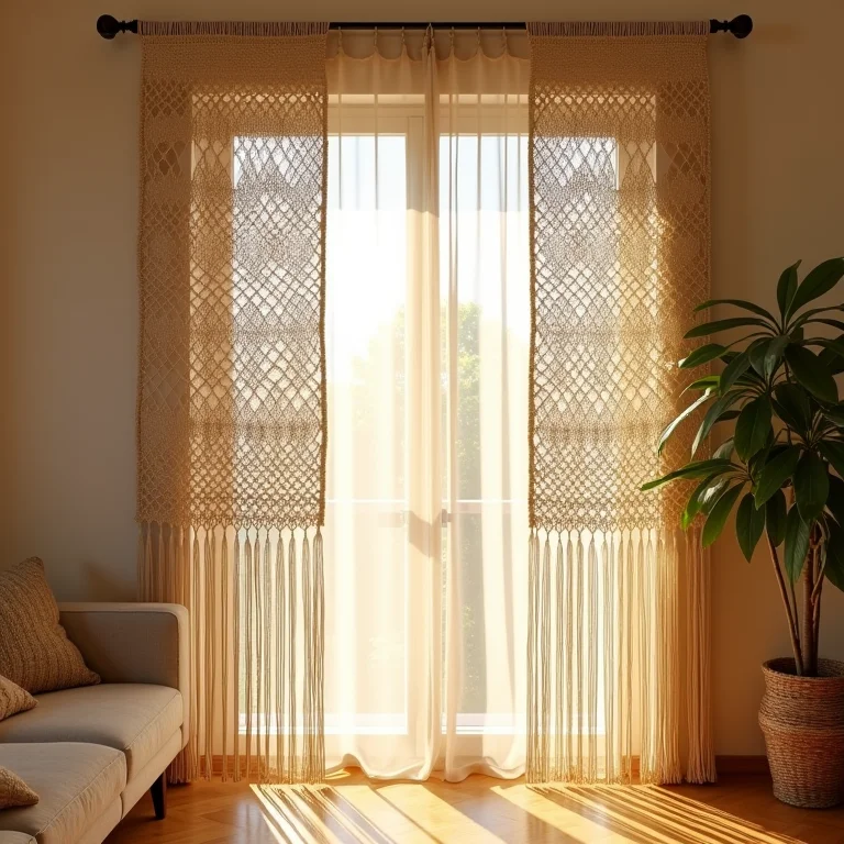 Cortinas de macramê na sala de estar, criando um ambiente elegante e boêmio