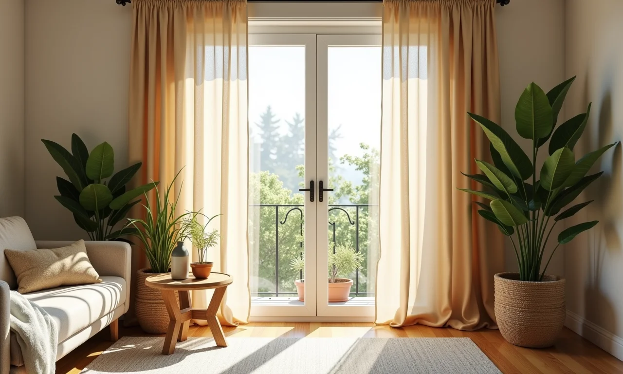 Cortinas de tecido reciclado em sala de estar sustentável.