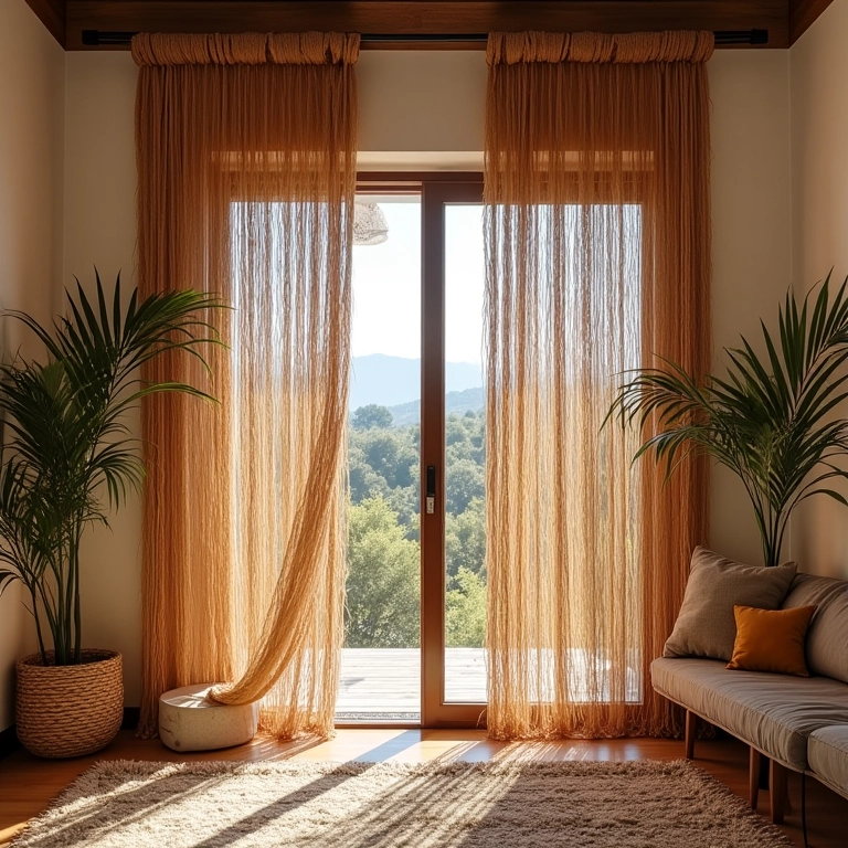 Cortinas e divisórias criativas de corda de sisal em sala brasileira.