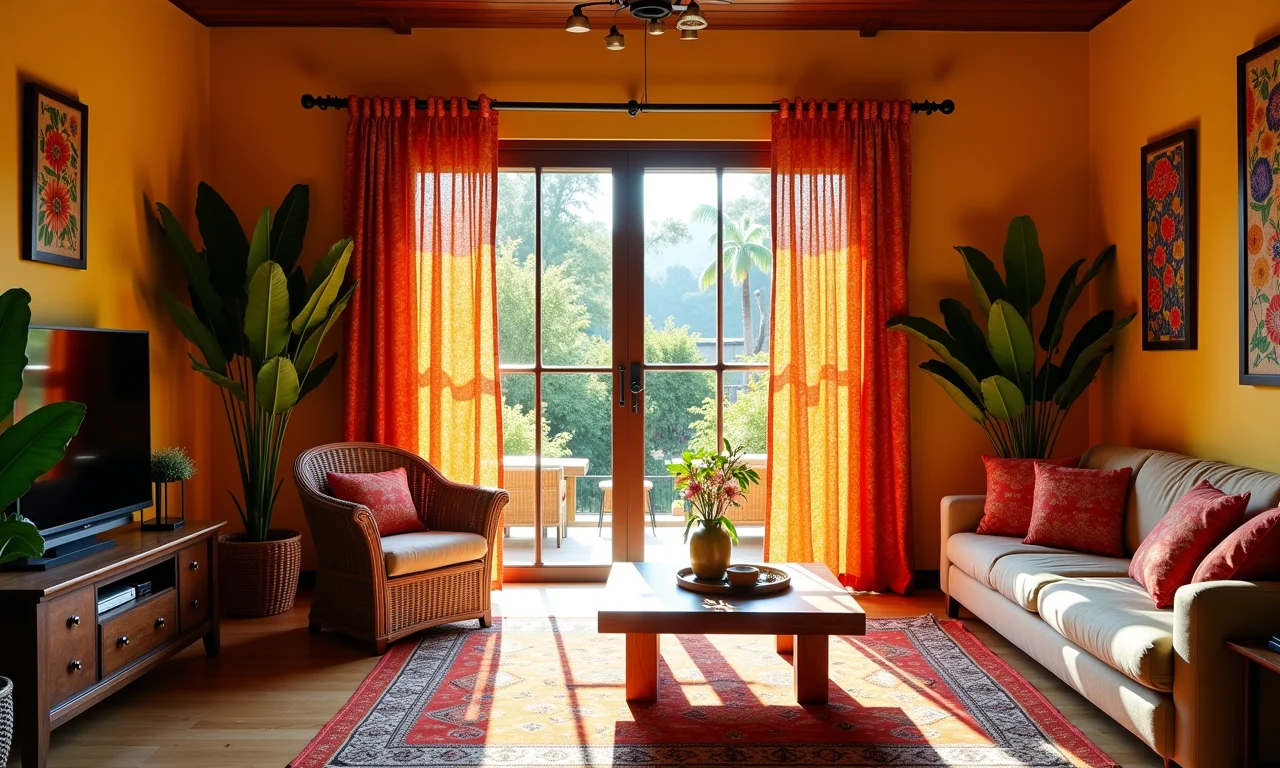 Cortinas estampadas em harmonia com decoração vibrante.