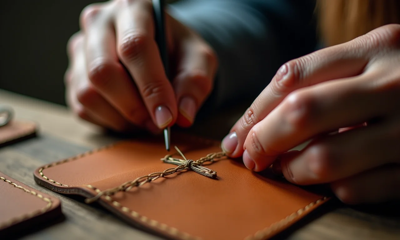 Costura manual unindo couro.