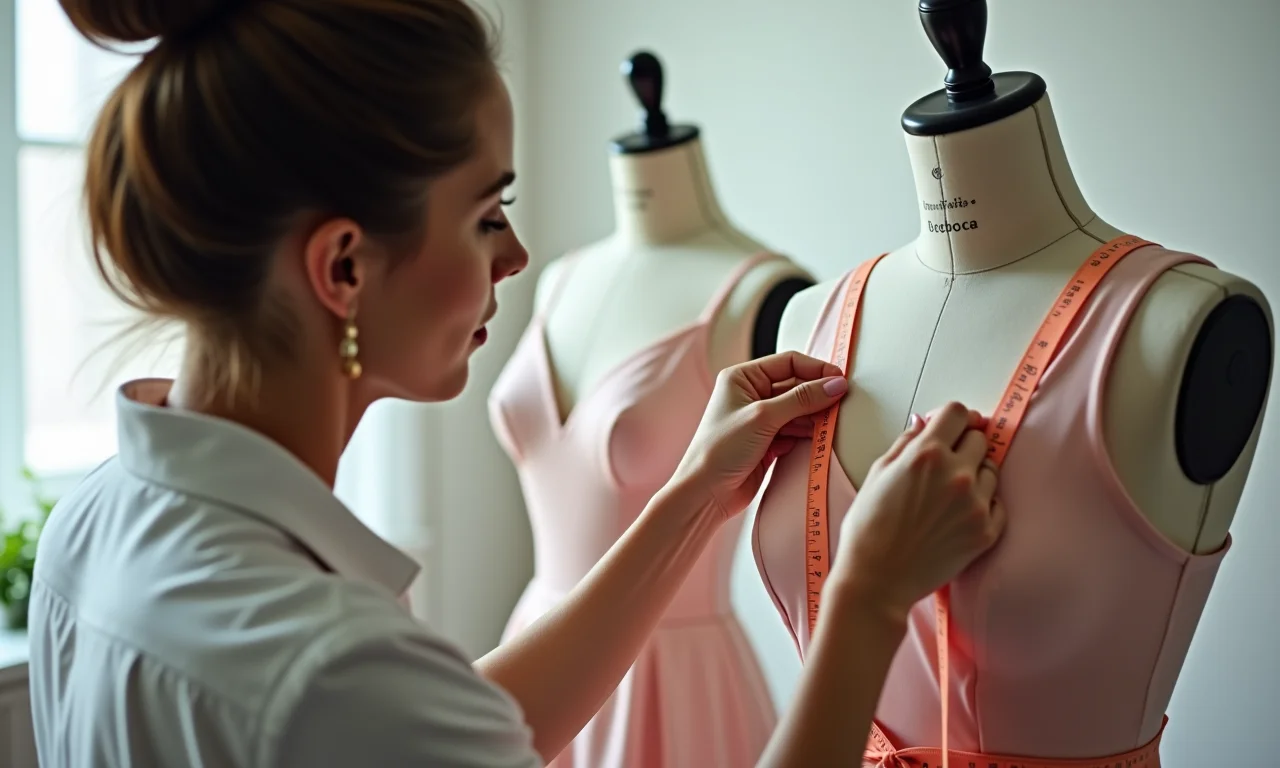 Costureira ajustando um vestido em um manequim, com alfinetes e fita métrica.