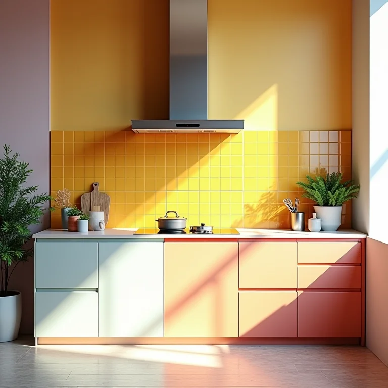 Cozinha alegre com ladrilhos coloridos