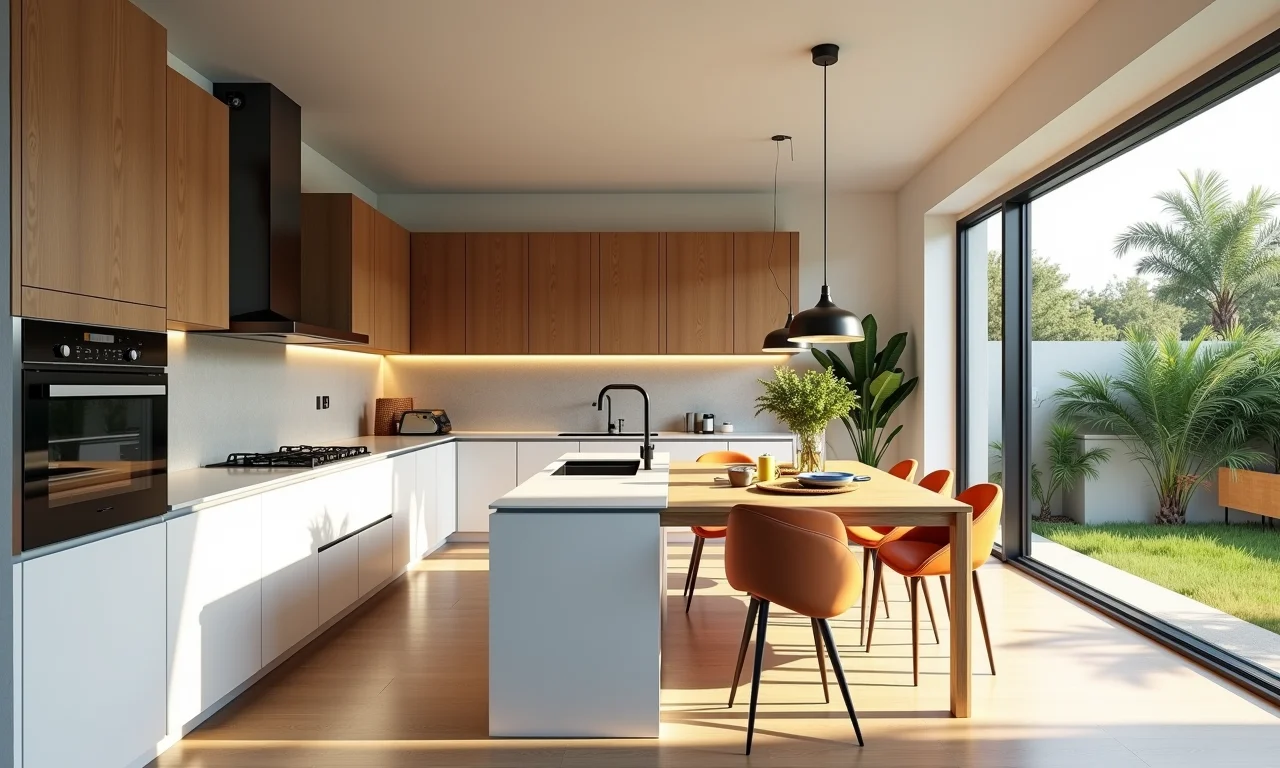 Cozinha americana em U integrada à sala de estar, com decoração brasileira.