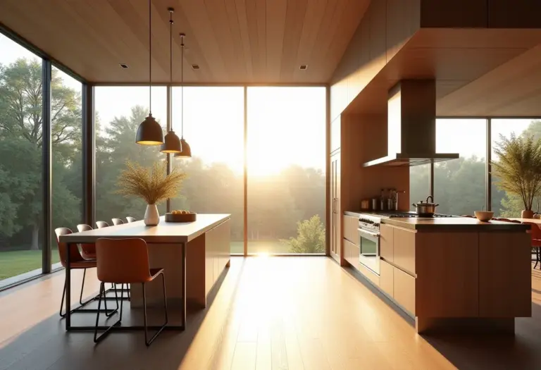 Cozinha americana moderna com balcão iluminado pela luz natural