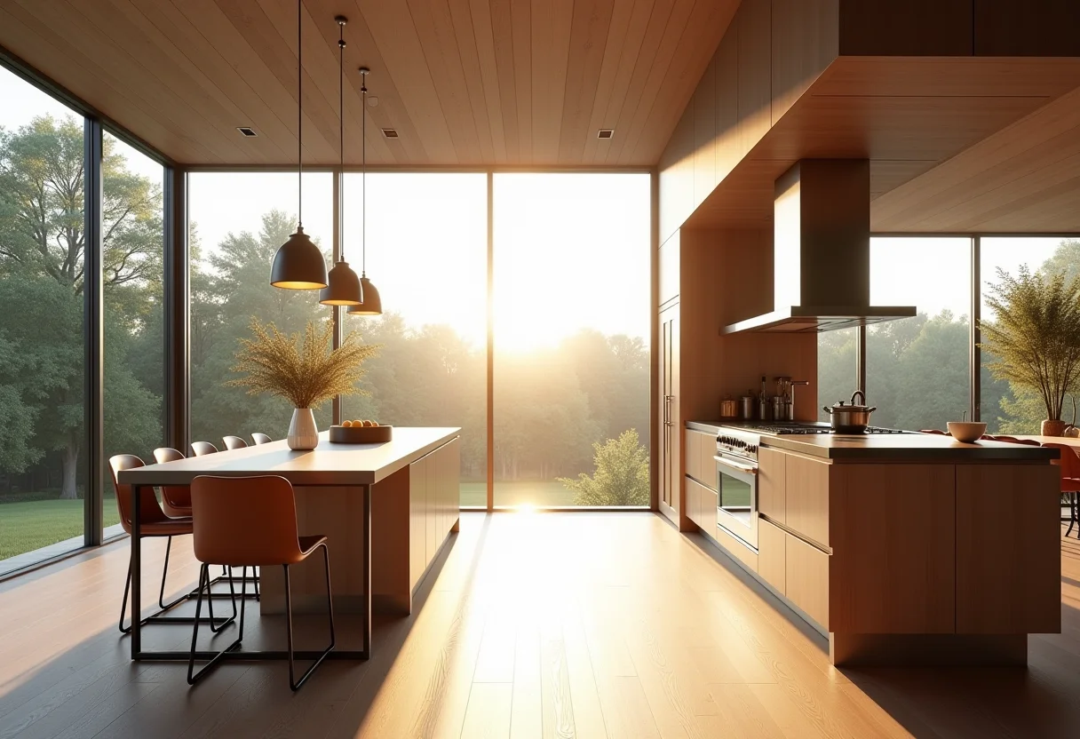 Cozinha americana moderna com balcão iluminado pela luz natural