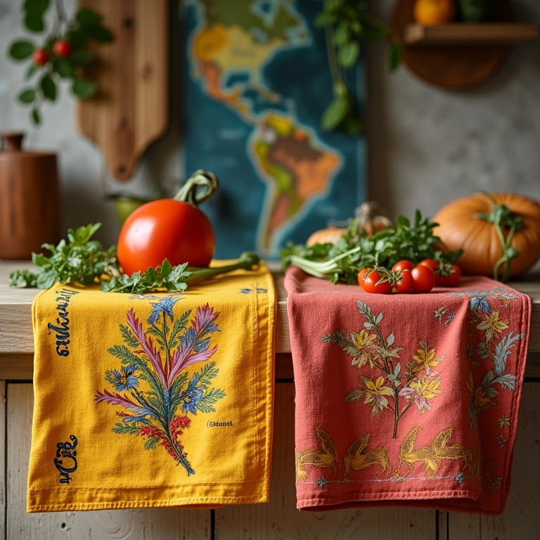 Cozinha brasileira com panos de prato temáticos para diferentes estações.