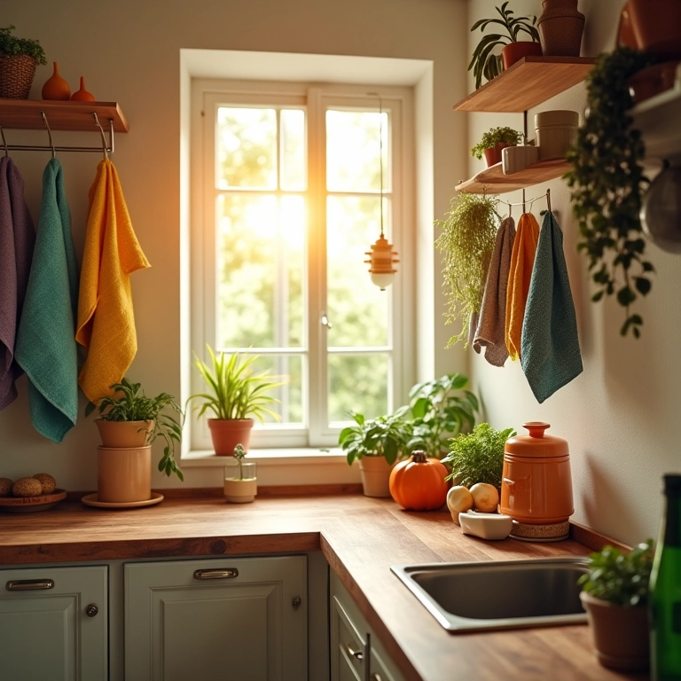 Cozinha brasileira organizada com panos de prato coloridos pendurados, destacando a praticidade e higiene.