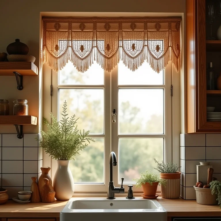 Cozinha charmosa com cortina de macramê e elementos rústicos.