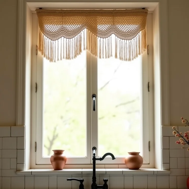 Cozinha charmosa com cortina de macramê rústica