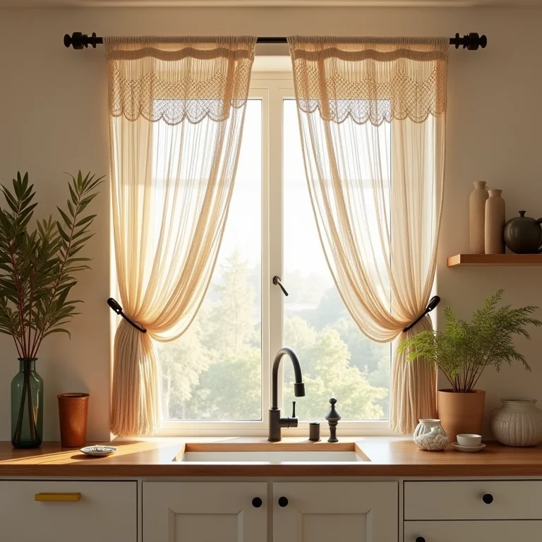 Cozinha charmosa com cortinas de macramê
