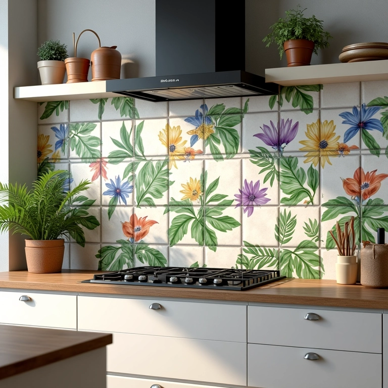 Cozinha com azulejos portugueses com temas naturais.