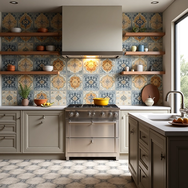 Cozinha com azulejos portugueses em diversos designs e cores.