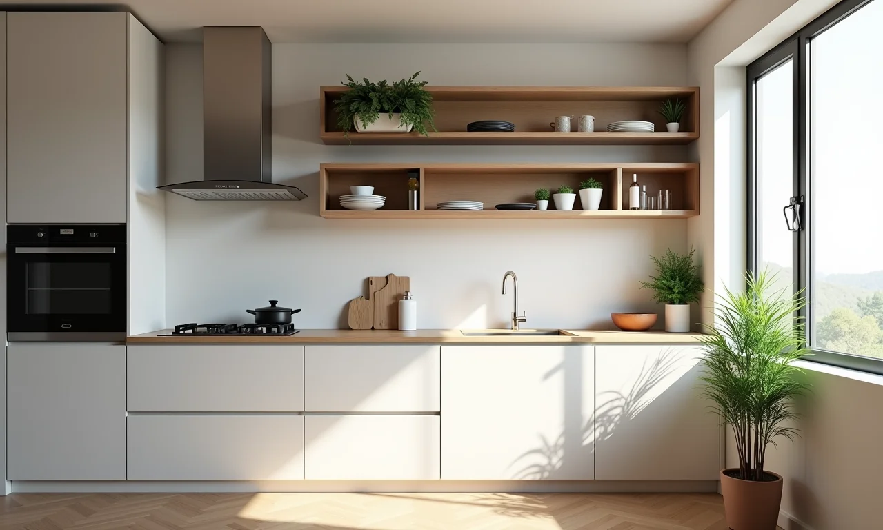 Cozinha compacta em U com design minimalista e prateleiras suspensas.