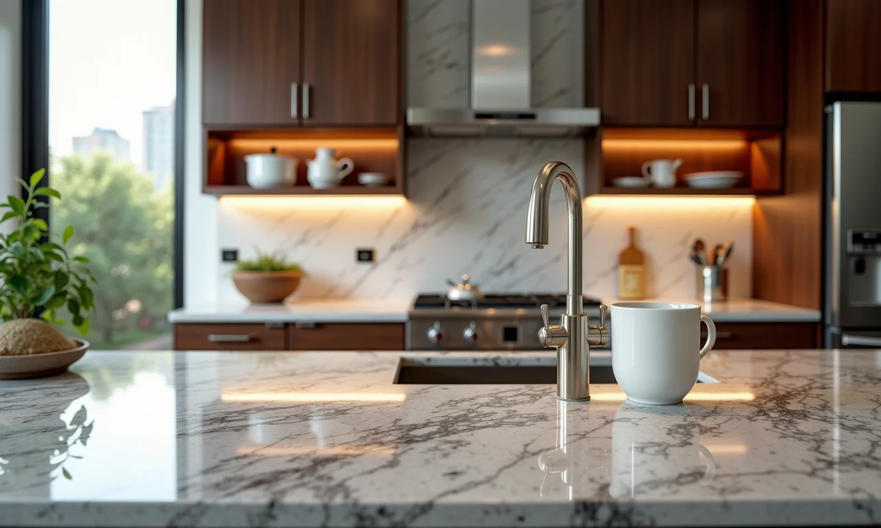 Cozinha elegante com bancada de granito atemporal.