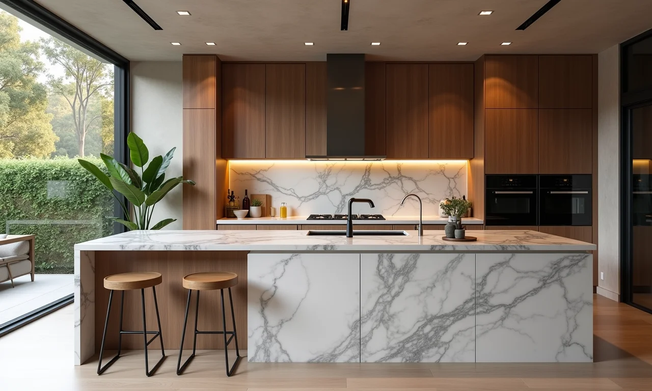 Cozinha elegante com bancada de mármore, transmitindo sofisticação e delicadeza.