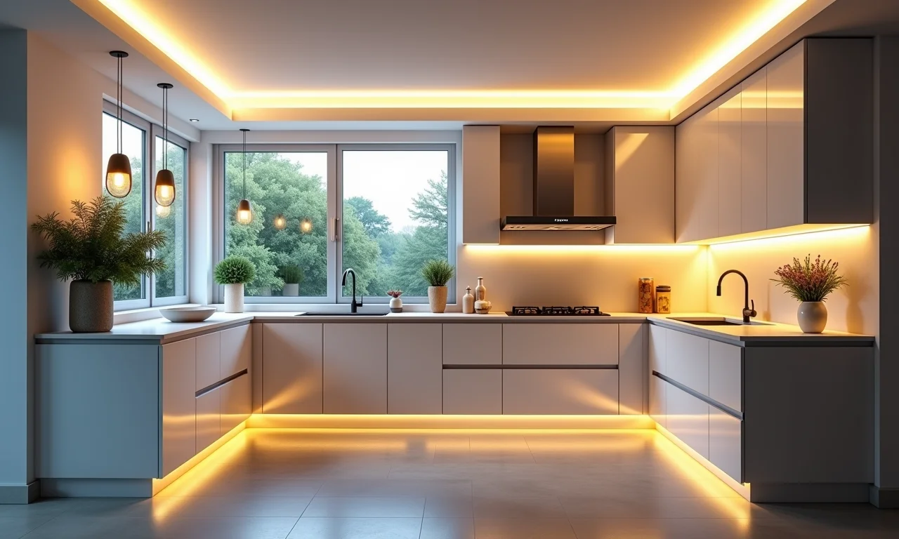 Cozinha em U bem iluminada com luzes LED e iluminação pendente.