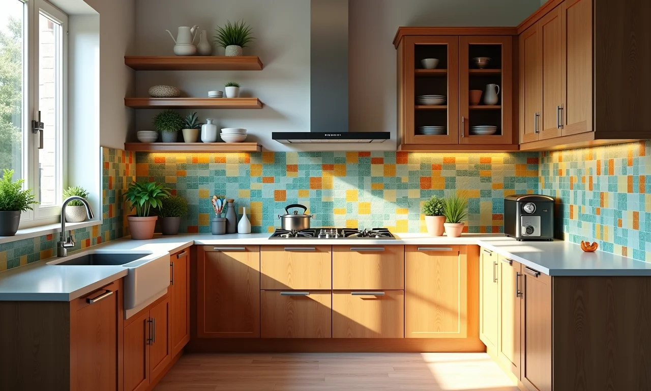 Cozinha em U com azulejos coloridos e armários de madeira.