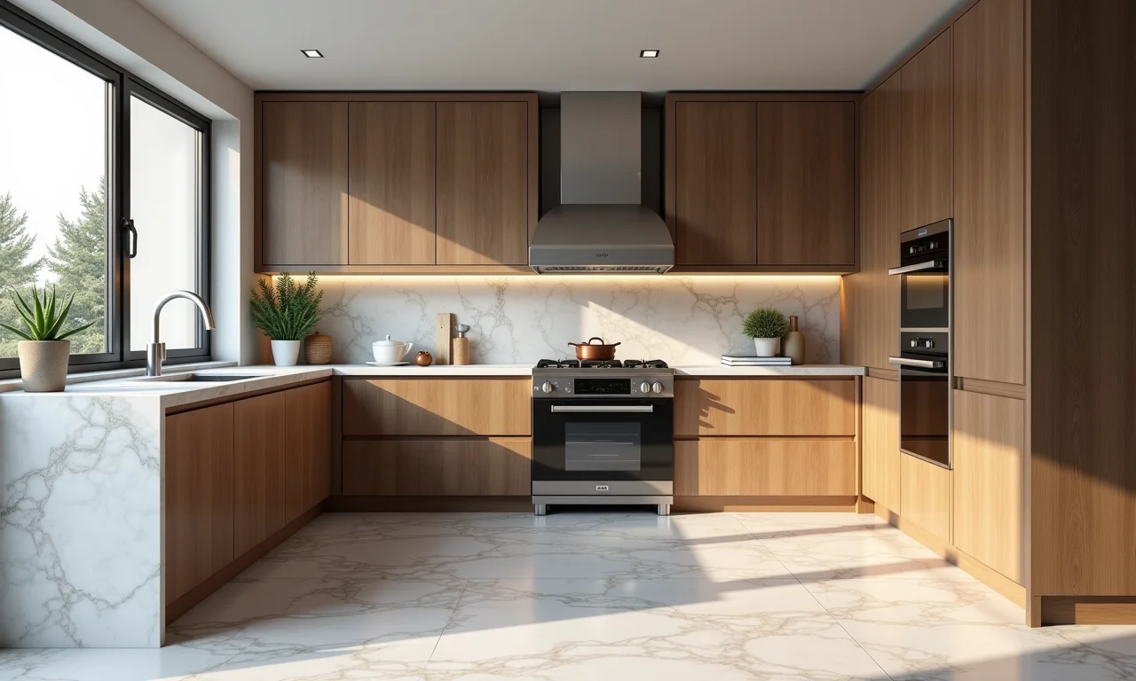 Cozinha em U com bancada de mármore, armários de madeira e eletrodomésticos inox.