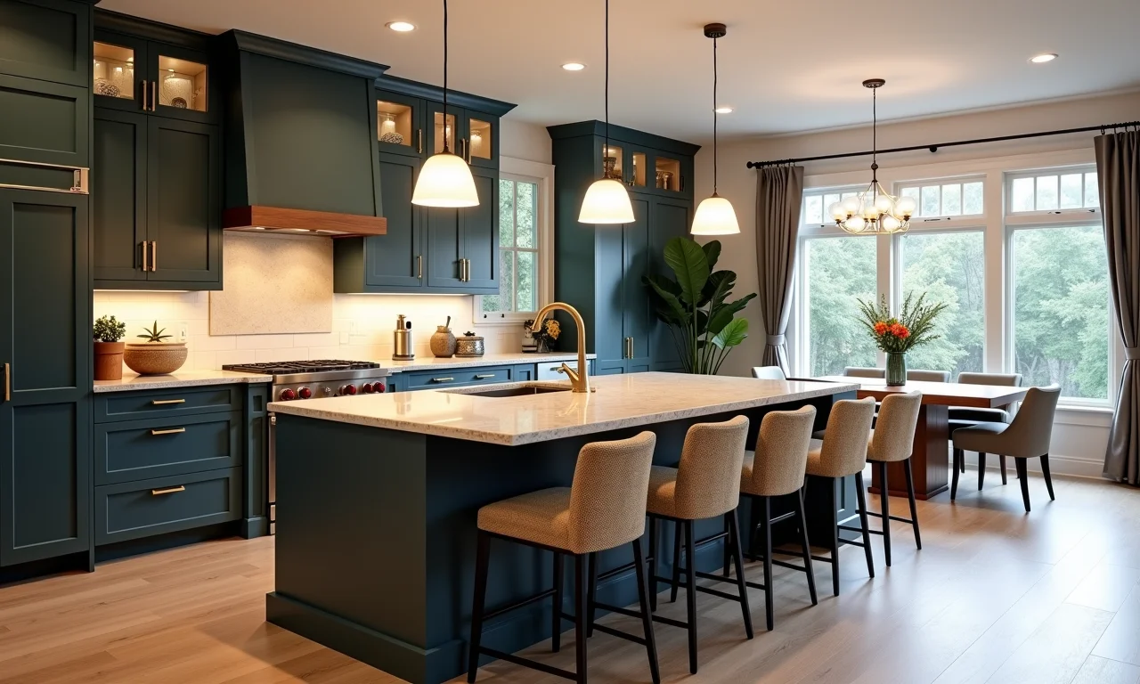 Cozinha em U com bancada para refeições rápidas e iluminação pendente.