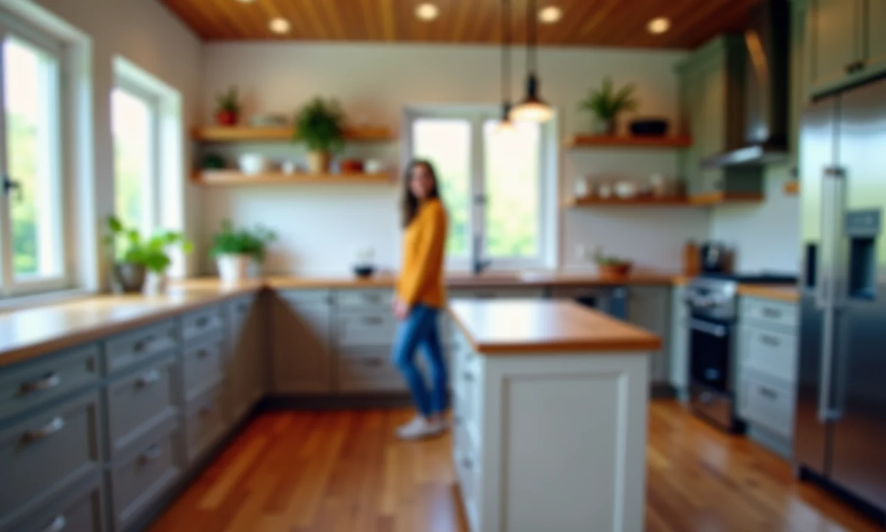 Cozinha em U com ilha central, bancadas de madeira e eletrodomésticos modernos.