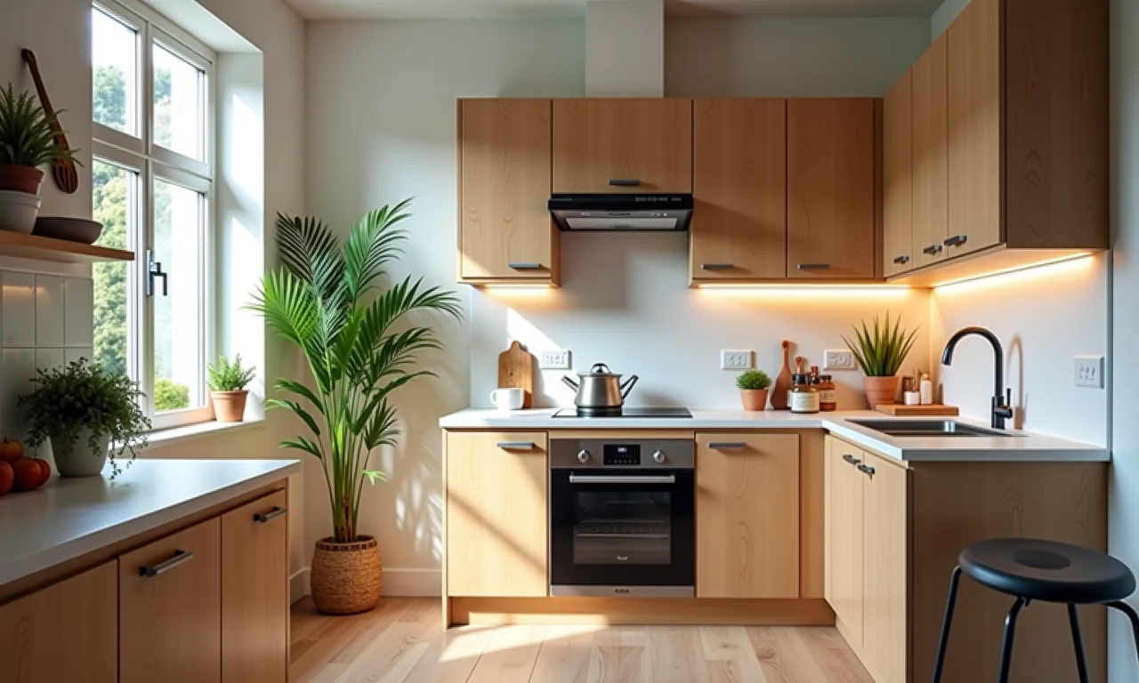 Cozinha em U ergonômica com altura de bancada confortável.