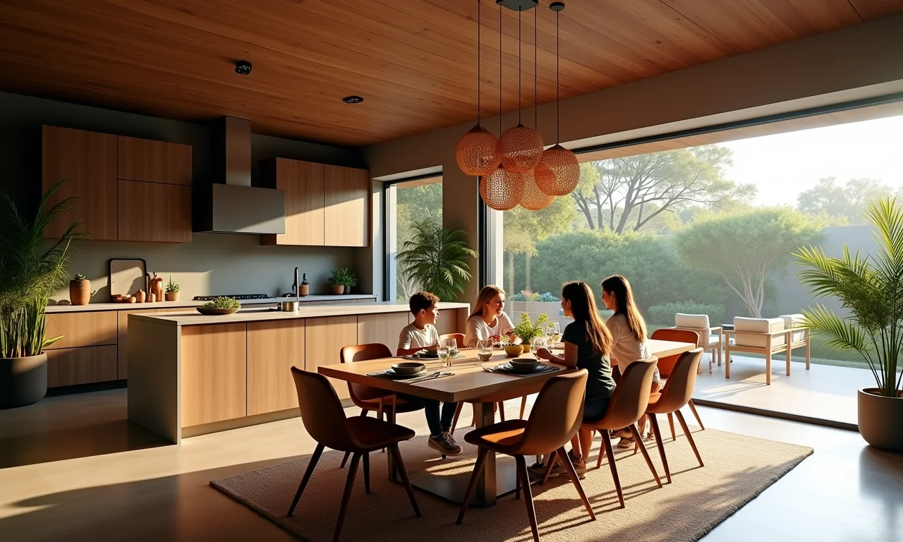 Cozinha em U integrada à mesa de jantar, com família reunida.