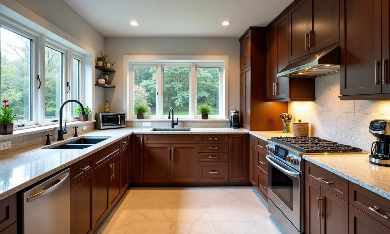 Cozinha espaçosa em U com eletrodomésticos modernos e bancadas de granito.