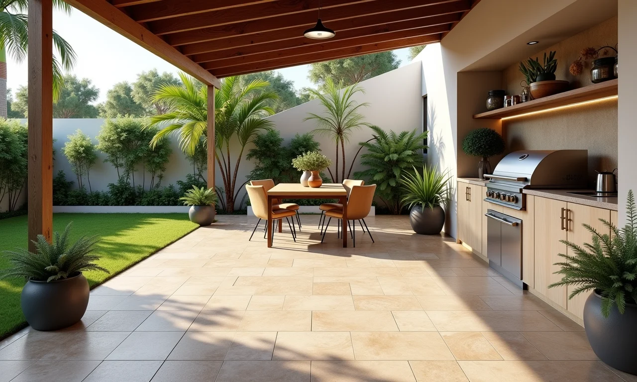 Cozinha externa com piso cerâmico prático e econômico.