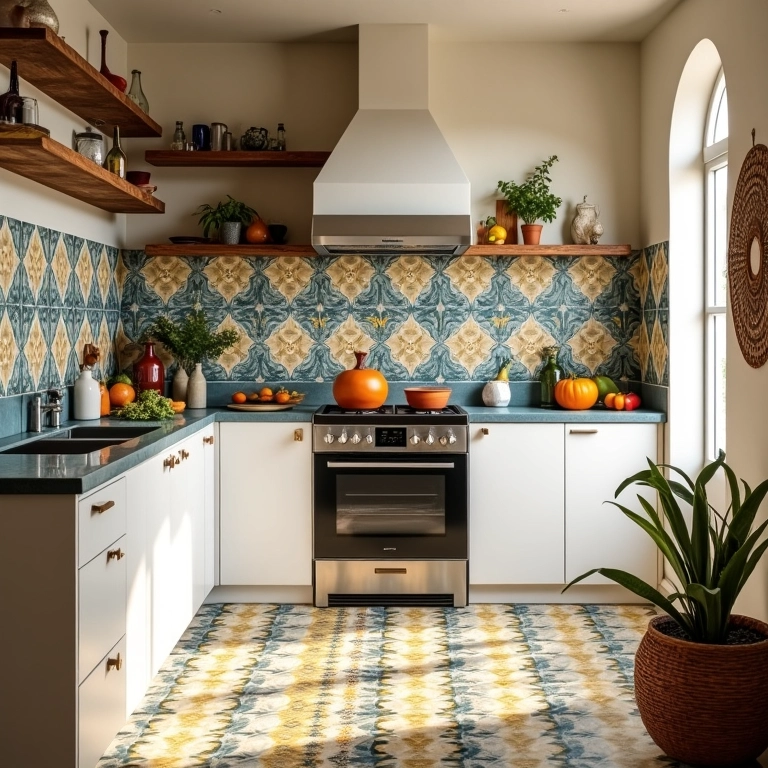 Cozinha iluminada com azulejos portugueses tradicionais e decoração vibrante.