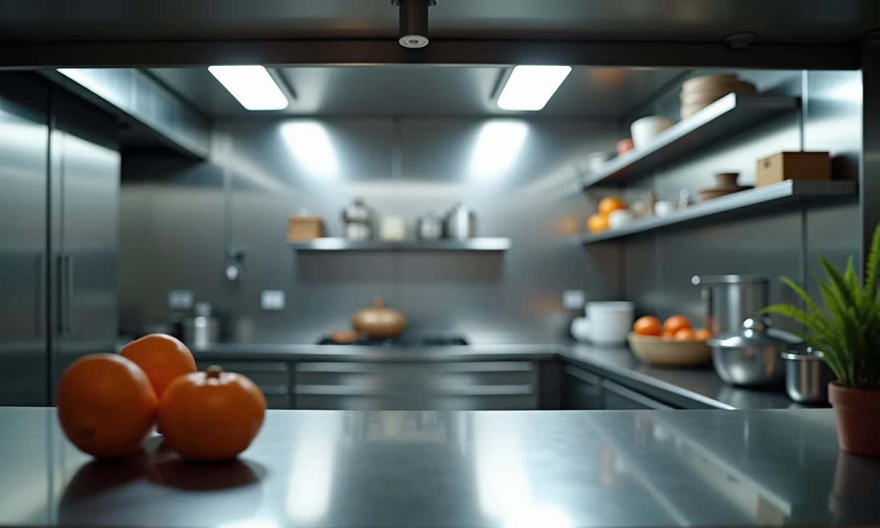 Cozinha industrial com bancada de aço inox, priorizando higiene e praticidade.