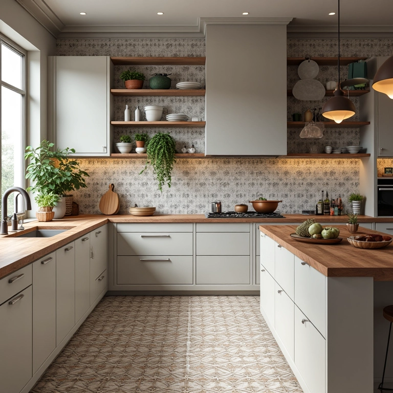 Cozinha moderna com azulejos portugueses geométricos.
